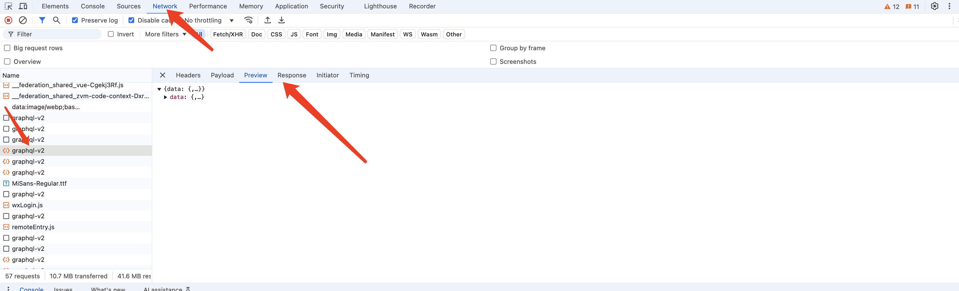 Browser developer tools showing graphql-v2 request